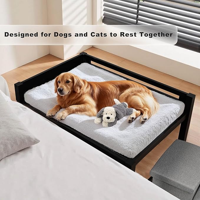 Bedside Dog Bed with Mattress - Raised Wooden Pet Cosleeper with Guardrail, Removable Mattress & 3-Step Foldable Stairs, Freestanding Bassinet-Style Elevated Dog Bed for Large Sized Dogs