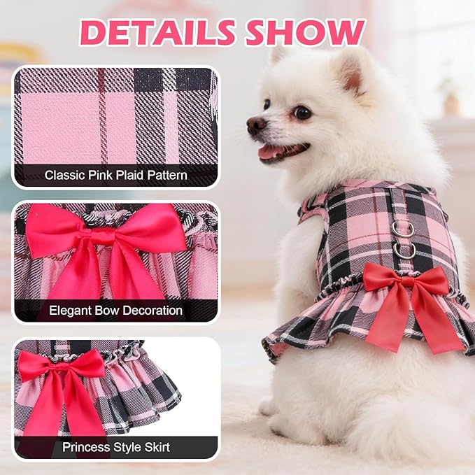 EXPAWLORER Dog Harness Small Medium Sized Dogs, Plaid Dog Dress Bowknot Harness and Leash Set, No Choke No Pull Soft Mesh Vest Cute Princess Puppy Outfits Clothes Costume for Girls Party Cats Pink S
