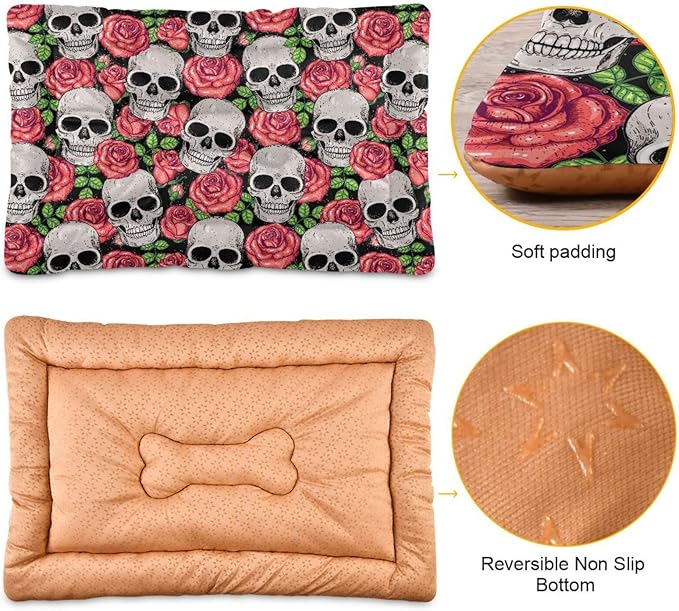 Pet Bed Gothic Skull Roses Dog Bed Mat Absorbing Non Slip Pad Pet Sleeping Mat for Small, Medium, and Large Dogs Puppy Cat 36 in x 24 in