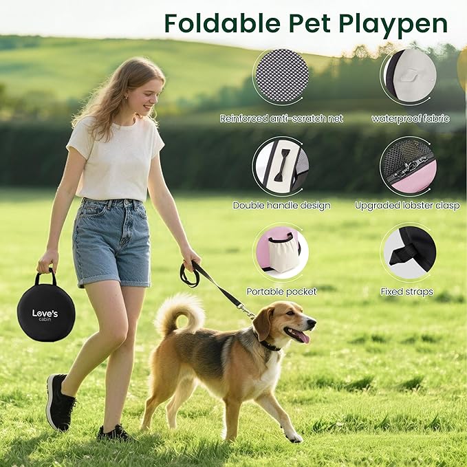 Love's cabin Pet Puppy Dog Playpen, Medium Dog Tent Crates Cage Indoor/Outdoor, Portable Exercise Playpen for Cat, Foldable Pop Up Dog Kennel Playpen with Carring Case (M, Light Pink)
