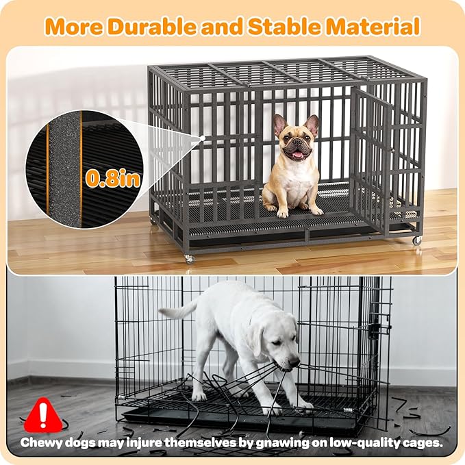 38 Inch Heavy Duty Dog Crate, Indestructible Escape-Proof Dog Kennel for High Anxiety Large Dogs, Strong Metal Pet Cage with Double Doors, Lockable Wheels & Removable Tray, XL XXL XXXL