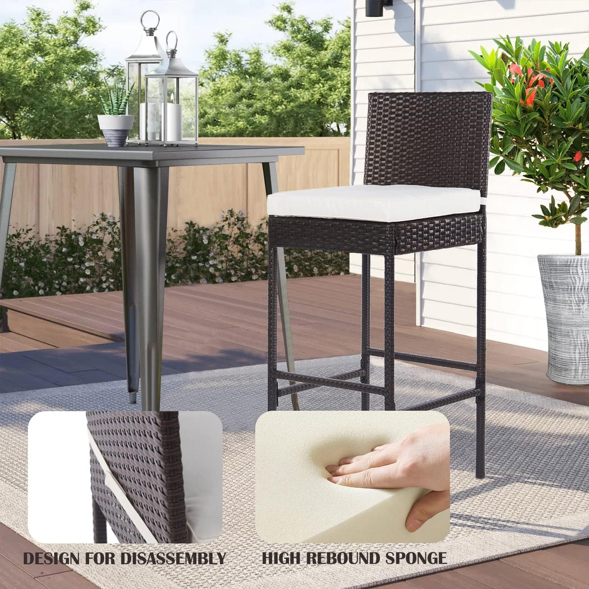 PayLessHere Outdoor Bar Stools Rattan Bar Chairs Set of 2 Wicker Bar stools Counter Height Patio Bar Chairs with Backrest Cushion Footrest for Patio Lawn Backyard, Brown