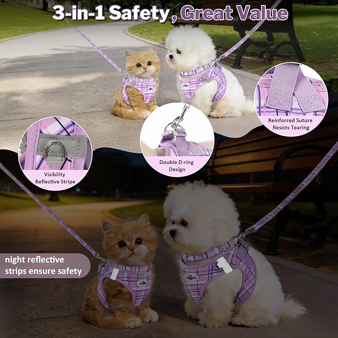 Gyuzh Small Dog Harness and Leash Set for Puppy & Kitten - 3-in-1 No Pull Step in Vest Collar, Lightweight Reflective Plaid, Padded Handle (Purple, XS)