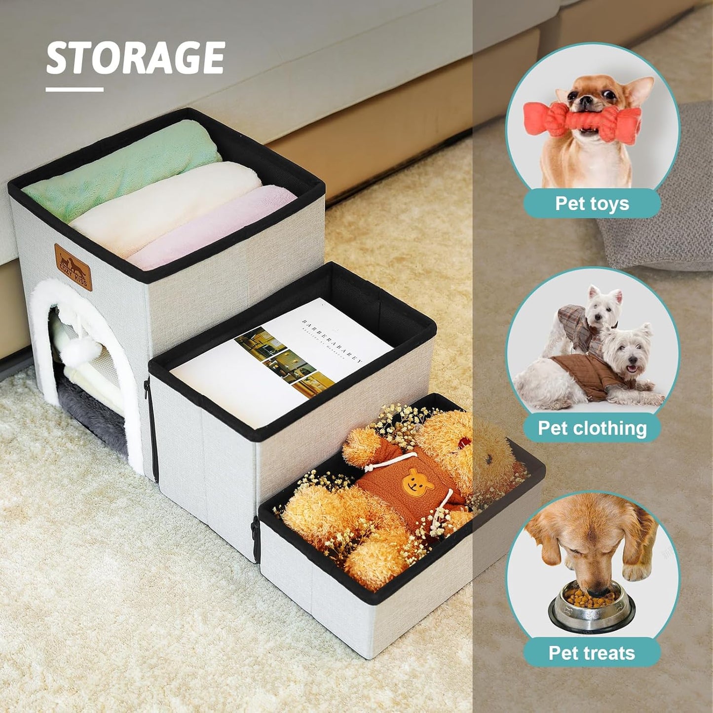 Dog Stairs for Small Dogs with Storage and Condo, 14" H Foldable Pet Stairs for Small Medium or Puppy Dogs and Older Cats, Dog Steps for Bed or Couch, 13x27x14 inch, 3 Tiers, Beige