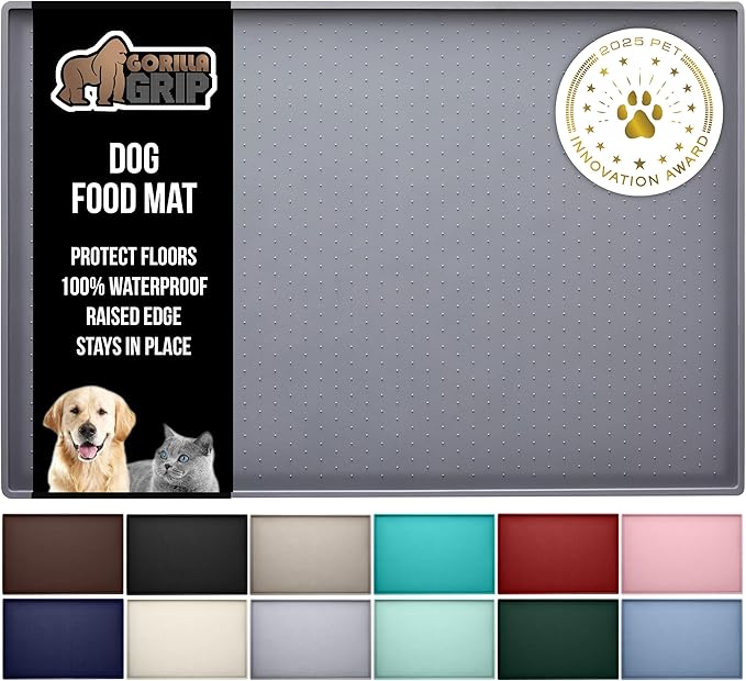 GORILLA GRIP 100% Waterproof Raised Edge BPA Free Silicone Pet Feeding Mat, Dog Cat Food Mats Contain Spills Protects Floors, Placemats for Cats and Dogs Water Bowl, Pets Accessories 23x15 Gray