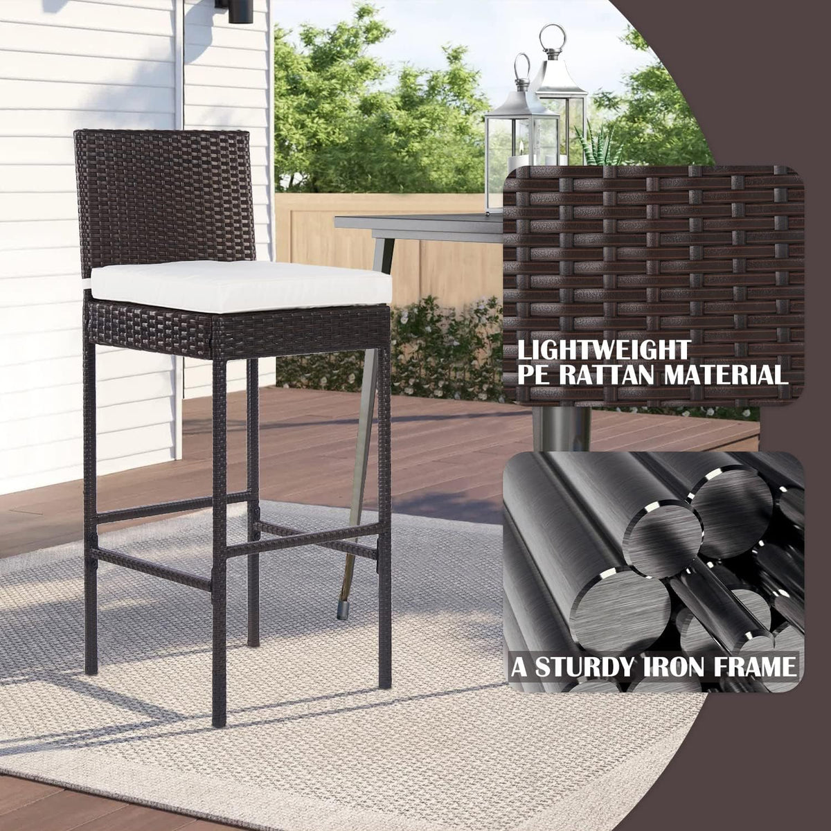 PayLessHere Outdoor Bar Stools Rattan Bar Chairs Set of 2 Wicker Bar stools Counter Height Patio Bar Chairs with Backrest Cushion Footrest for Patio Lawn Backyard, Brown