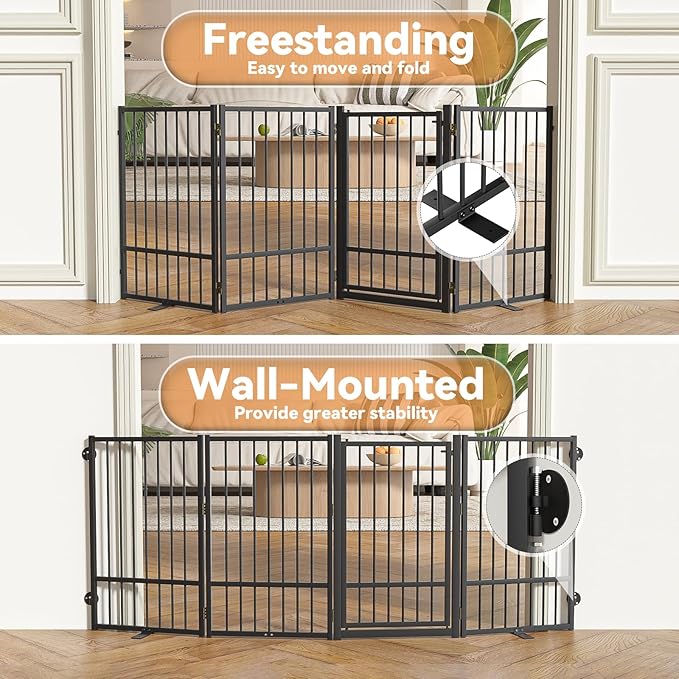 Full Metal Freestanding Dog Gate with Door, 32''Height Foldable Pet Dog Fence for Indoor & Outdoor, 4 Panels Extra Wide Free Standing TallDog Gates for Doorways,House,Stairs,Porch,Deck,Yard