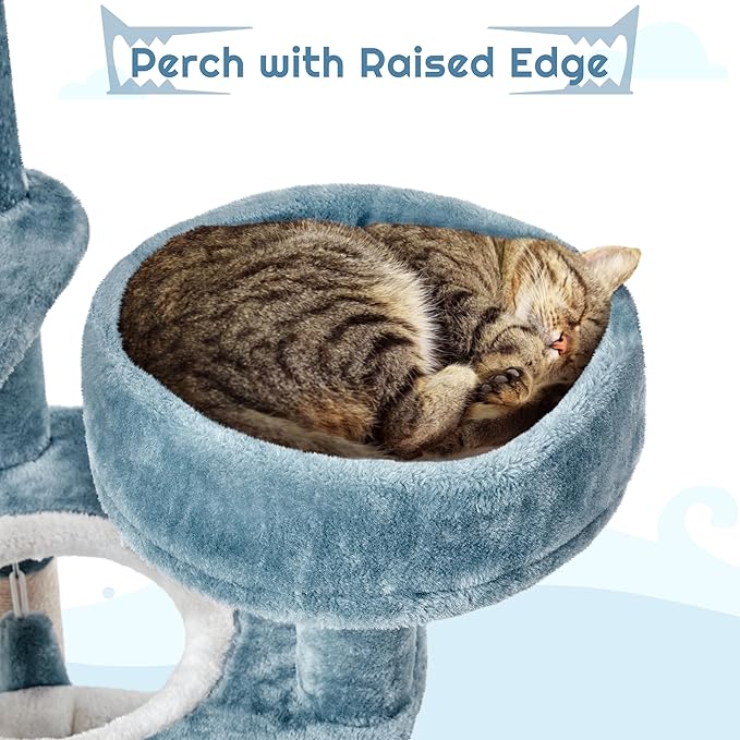 Yaheetech 45.5in Ocean-Themed Cat Tree Multi-Level Cat Tower, Plush Pet Furniture with Shark's Mouth-Shaped Nest, Sea Star-Shaped Perch, Jellyfish-Style Hammock for Indoor Kitty