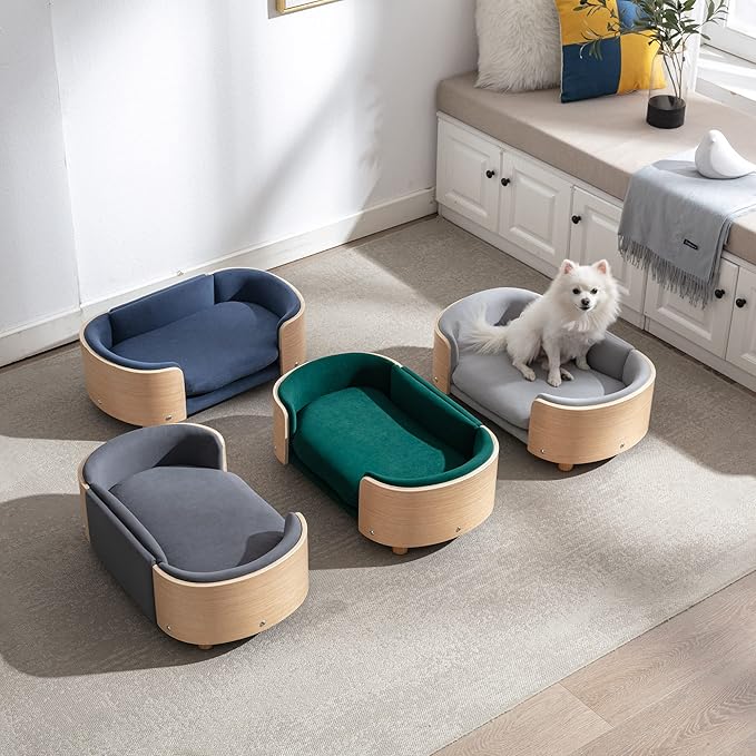 Scandinavian Style Elevated Dog Bed, Pet Sofa with Solid Wood Frame & Walnut Bent Wood Back, Orthopedic Support, Removable Washable Velvet Cover, Small Size, Light Grey