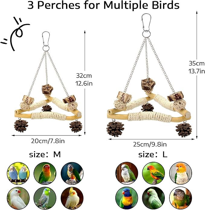 Large Bird Swing for Cage with Chew Toys, 3 Sisal-Wrapped Bird Perches & Stable Triangle Design, Wooden Hanging Quaker Toy Swing for Medium-Sized Bird Cockatiel Ring-Necked Caique Balance Training (L)
