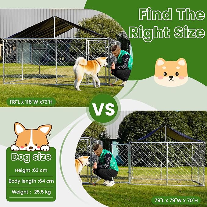 Outdoor Dog Enclosure Heavy Duty Dog Kennel House Mesh Dog Big Cage Pet Kennel Steel Fence with Secure Lock(9.84'x 9.84')