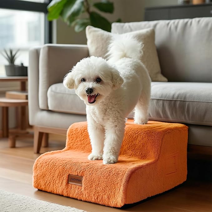 PETNOVO Ultra-Soft Rabbit Fur-Like Dog Stairs for Couch/Bed, Luxury Comfort 2-Step for Small & Senior Dogs, Non-Slip, Removable Washable Cover, Oeko-TEX Certified, 15.7" D x 15.7" Wx 11.8" H, Orange