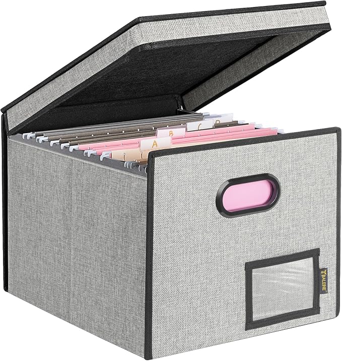 BALEINE File Organizer Box with Lid, Collapsible File Folder Organizer with Plastic Slide, Hanging File Folder Box for Office Document Storage (Tab Friendly, 1 Pack, Beige)