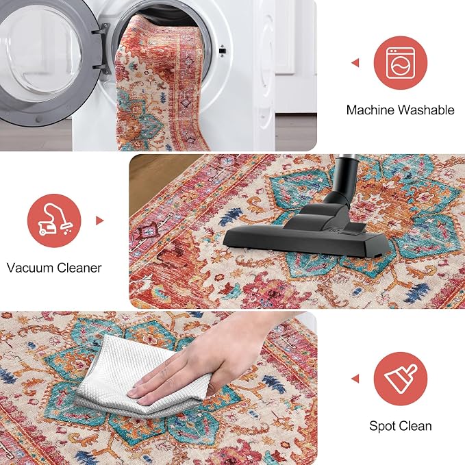 Yamaziot Washable Area Rug for Bedroom, 3x5 Non-Slip Boho Vintage Living Room