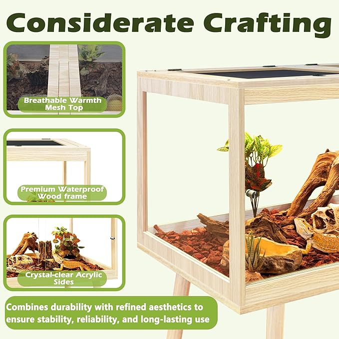Prolee Bearded Dragon Tank with Leg Stand,Wooden Lizard Tank,Reptile Tank with Metal Mesh Roof Door, Acrylic Panel Snake Tank with Lock Design (Oak, 32"x16"x16")