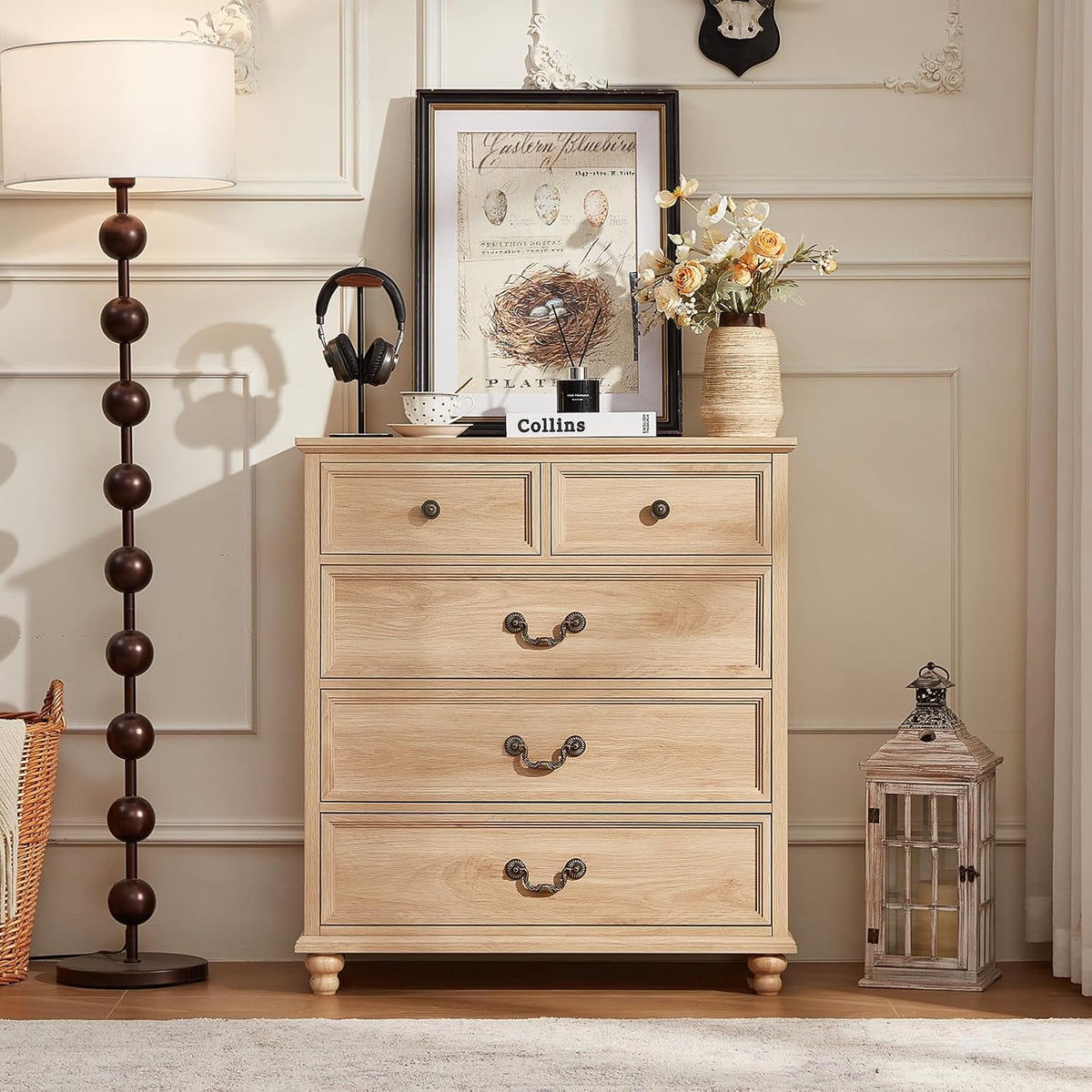 Joaxswe Farmhouse 5 Drawer Dresser for Bedroom, 35" Tall Rustic Chests of Drawers w/ 4 Solid Wood Feet, Mid Century Modern Wooden Closet Storage Dressers Organizer for Living Room, Hallway,Natural