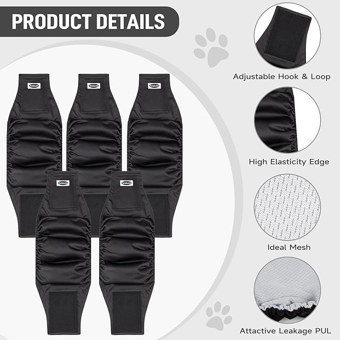 Male Dog Diapers, High Absorbing Dog Belly Bands for Male Dogs, Washable Reusable Dog Male Wraps(5 Pack)