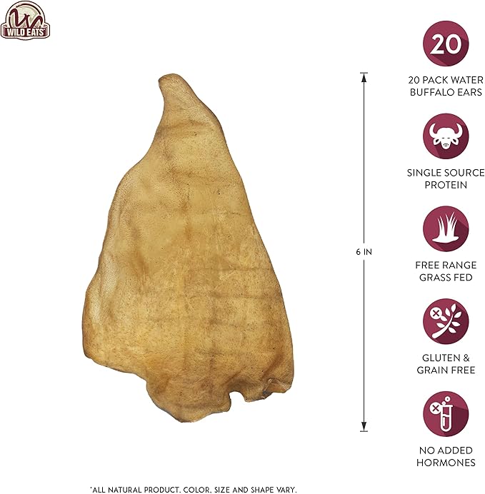 Wild Eats Water Buffalo All Natural Ear Dog Chews, Single Ingredient Dog Treats - 20 Count (Grain Free Treats - Great Alternative to Pig Ears, Cow Ears, Bones & Rawhides)
