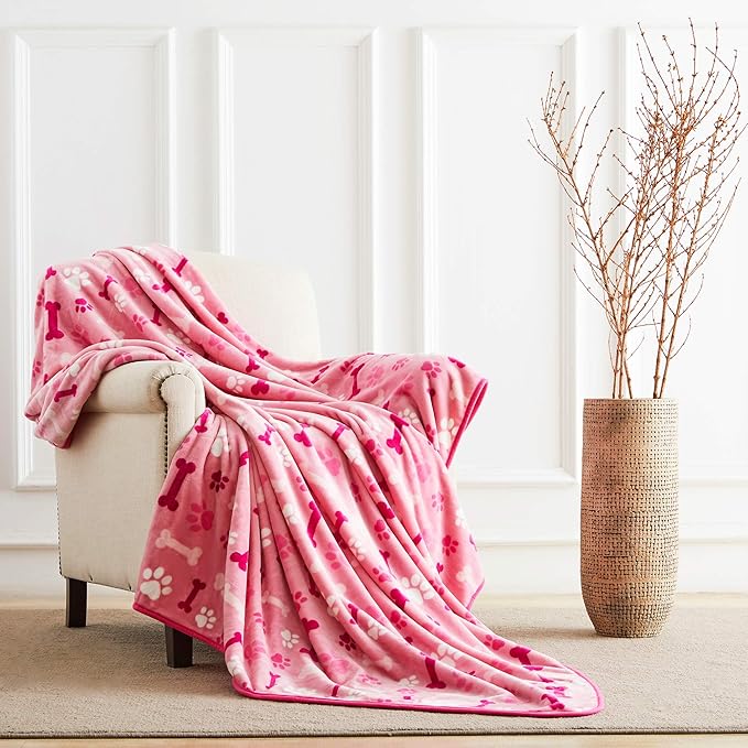 Allisandro Luxurious Dog Blanket, 350 GSM Super Fuzzy Microplush Fleece Pet Blankets for Small Medium Large Dogs and Cats, Pink Paw and Bone, 80" x 64”
