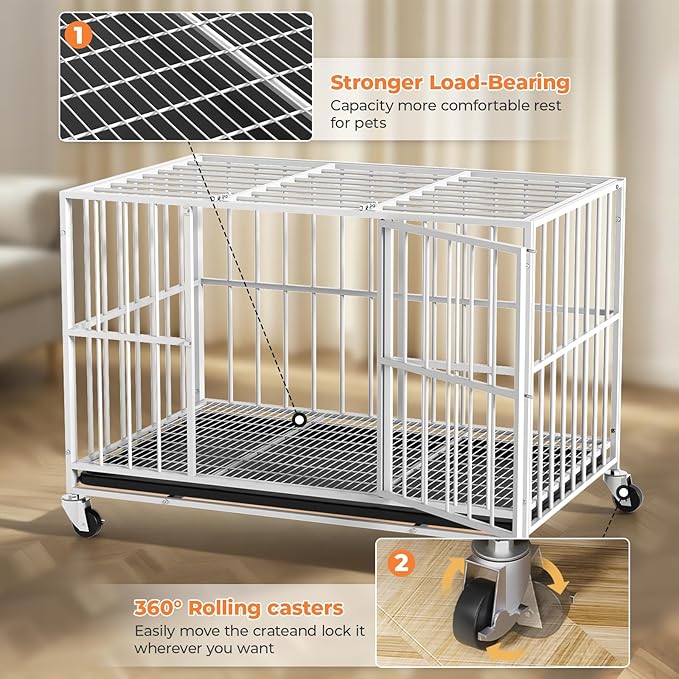 White 48 in Heavy Duty Dog Crate Steel Escape Proof, Indoor Double Door High Anxiety Cage, Removable Tray, Kennel with Wheels,XL XXL
