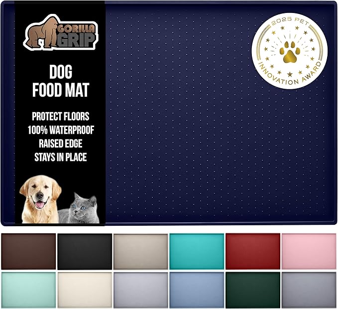 GORILLA GRIP 100% Waterproof Raised Edge BPA Free Silicone Pet Feeding Mat, Dog Cat Food Mats Contain Spills Protects Floors, Placemats for Cats and Dogs Water Bowl, Pets Accessories 16x10, Navy