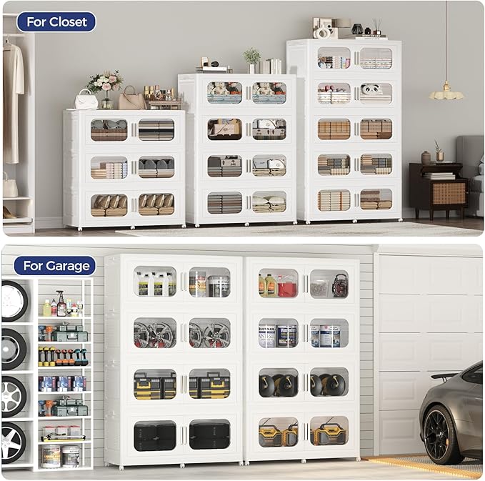 600QT Large Stackable Storage Bins with Lid, 150Gal Plastic Collapsible Closet Organizers Drawers Box with Wheels, Folding Cabinet Containers with Doors for Home Kitchen Office, 3Pack White