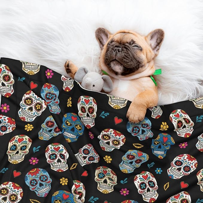 Two Sided Plush Pet Blanket for Crates Carriers Home Use, Day of The Dead Sugar Skull, Reversible Throw with Cozy Dot Fabric and Silky Reverse for Small Large Pets