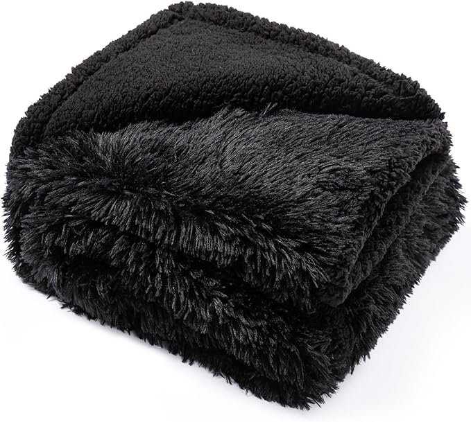 Calming Fleece Cat Blankets Black Waterproof Pets Blanket for Dogs Reversible Long Faux Fur Puppy Throw Blankets(Black,L)