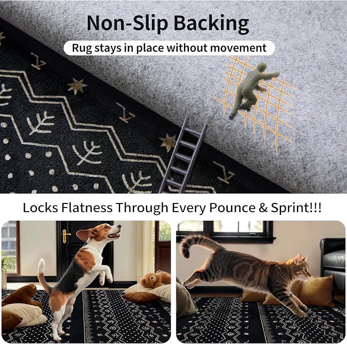 SERISSA 4x6 Area Rugs for Living Room, Washable Non-Slip Black Gold Grad Boho