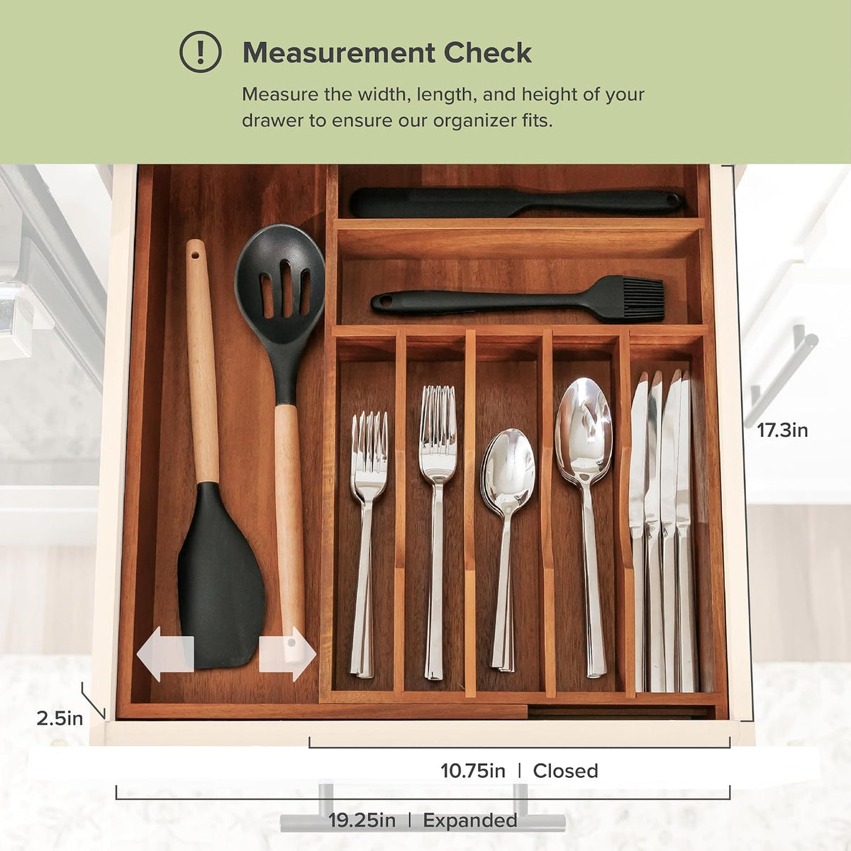 KitchenEdge Silverware & Utensil Drawer Organizer, 10.5-19 in, Acacia