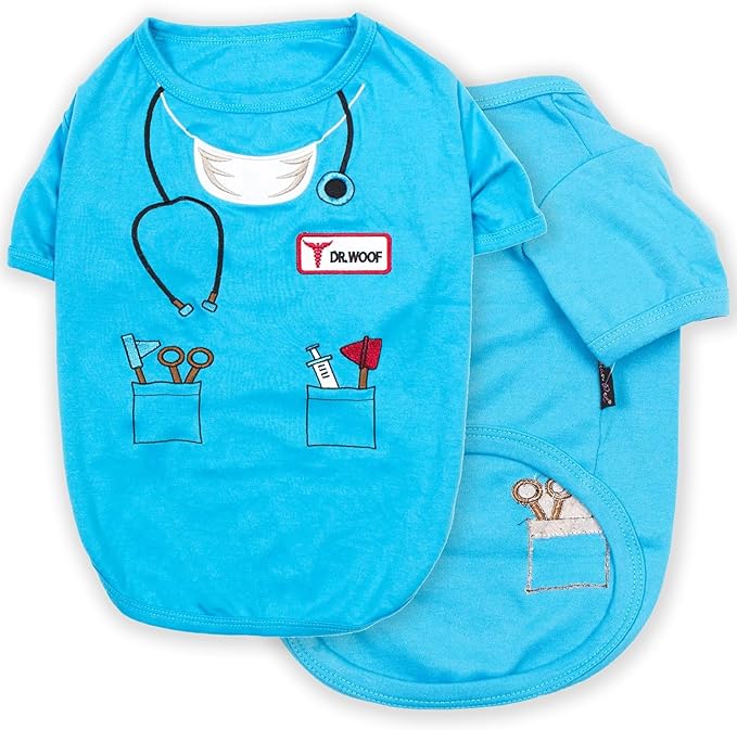 Parisian Pet Doctor Woof Dog Shirt - Embroidered Dog Pirate Costume - 100% Cotton & Polyester Doctor Outfit for Dog - Sleeved Dog Clothes - Blue Dog Shirts for Medium-Sized Dogs - Pet Costumes - M