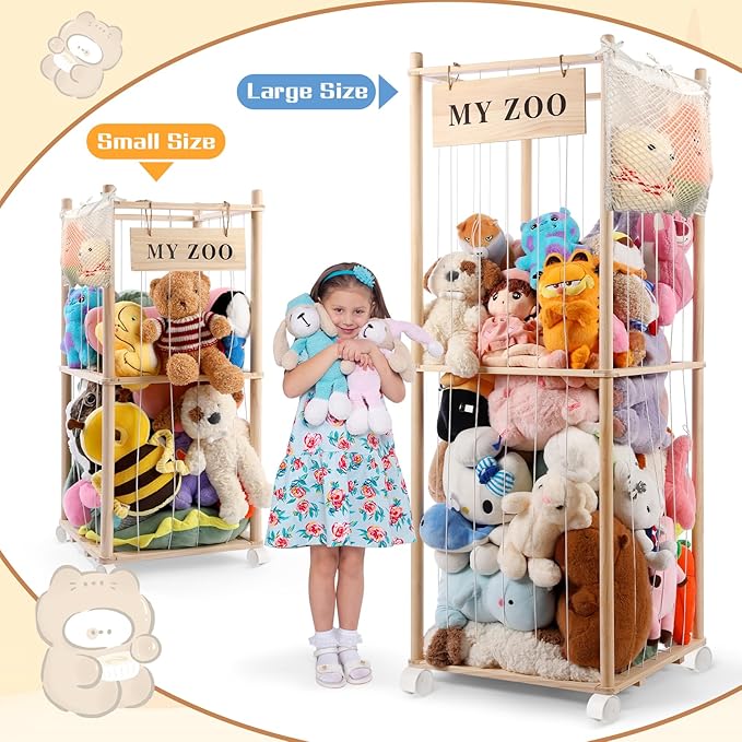 Stuffed Animal Storage Zoo with Wheels, Wooden Stuffed Animal Organizer with Elastic Cords, Space Saving Toy Plushies Storage Holder for Playroom, Bedroom, Living Room(Burlywood, Small)