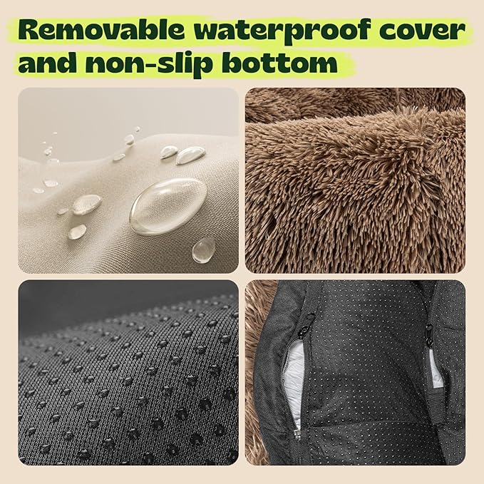 Extra Large Orthopedic Dog Bed Waterproof Removable Cover for Calming Donut Dog Bed Washable,Cooling Gel Foam Round Anxiety Plush Sherpa Covers Comfort for Old Fluffy Friends 48 Inch,Camel