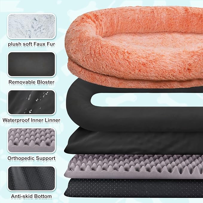 YAEM Human Dog Bed for Adult and Pets - 71"x45"x12" Dogs Beds for Humans with Washable Faux Fur Cover, Plump Pillow, Blanket, Orthopedic Design, Strap-OrangeWhite