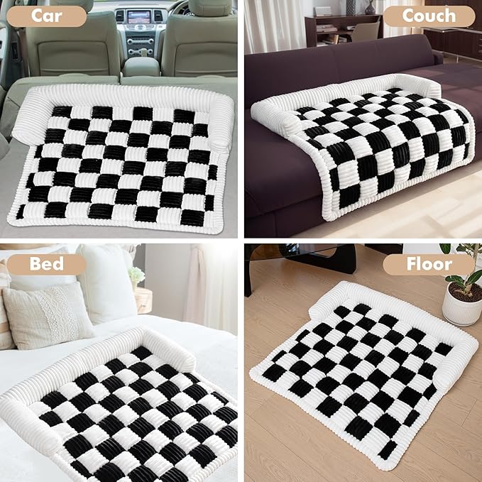 LiveGo Fuzzy Pet Couch Covers for Sofa, Dog Couch Cover Fuzzy Sofa Cover Cream Square Plaid Dog Bed Plush Dog Mat for Furniture Protector for Large Medium Dogs and Cats