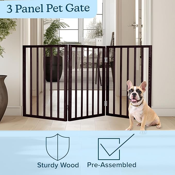 3-Panel Indoor Foldable Dog Fence for Stairs, Hallways, or Doorways - 54x24-Inch Wood Freestanding Dog Gates by PETMAKER (Brown)