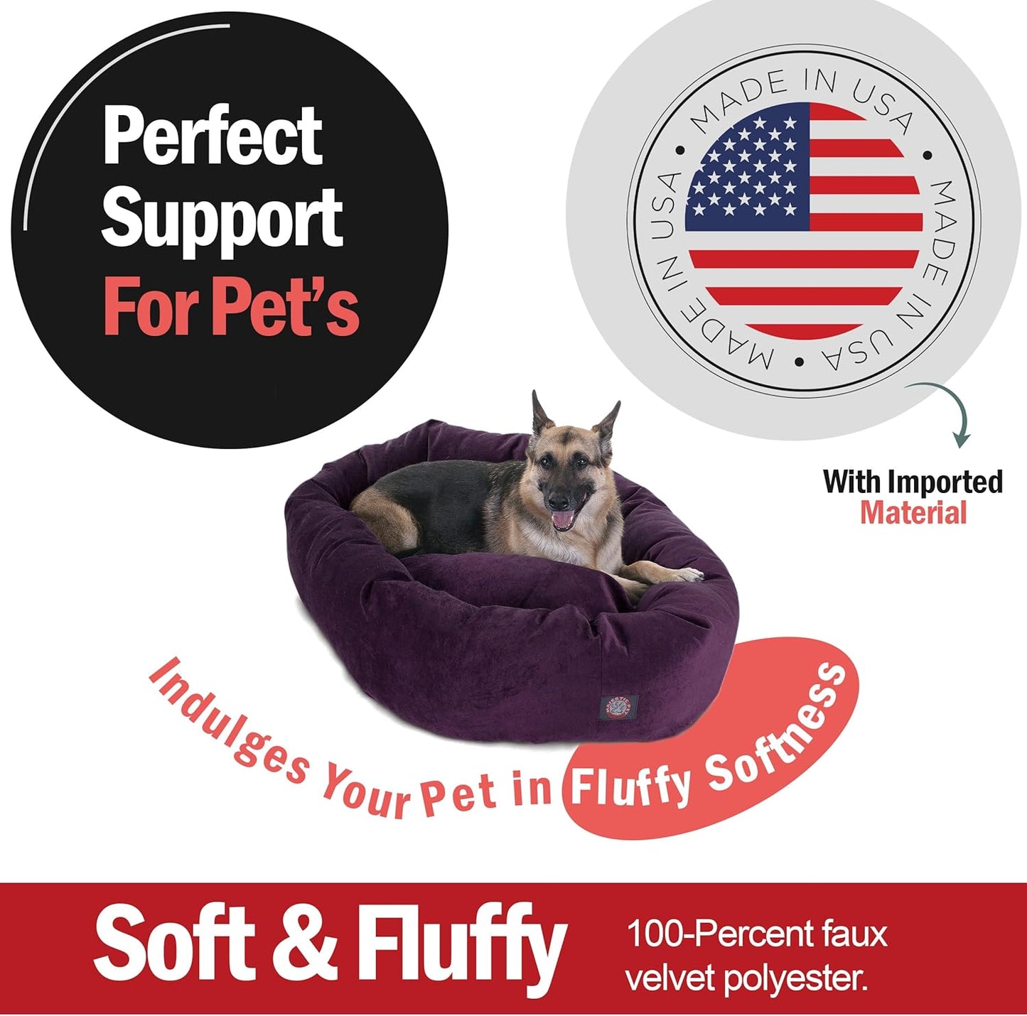 Majestic Pet 52 Inch Micro Velvet Calming Dog Bed Washable 52x35x11 (inch) – Cozy Soft Round Donut Dog Bed with Spine for Head Support -Pet Bed X- Large – Aubergine (2025)