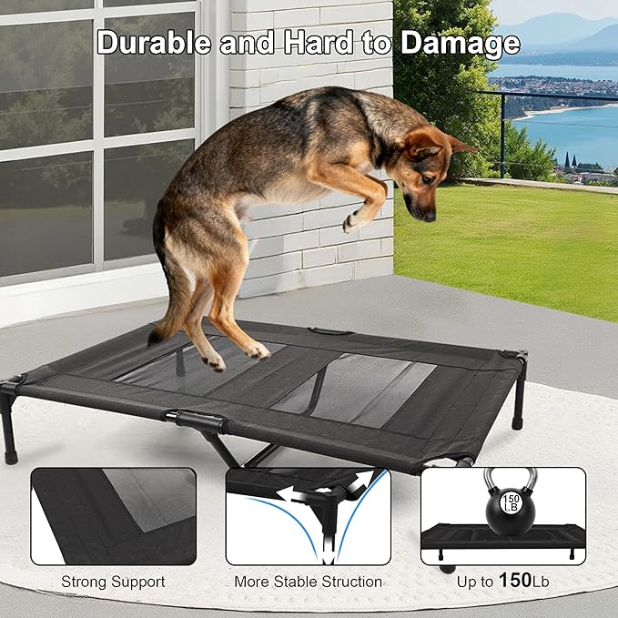 Raised Dog Bed Cooling Cot for Indoor Outdoor Use Portable Waterproof Mesh Pet Bed Washable for Large Medium Small Dogs, Black