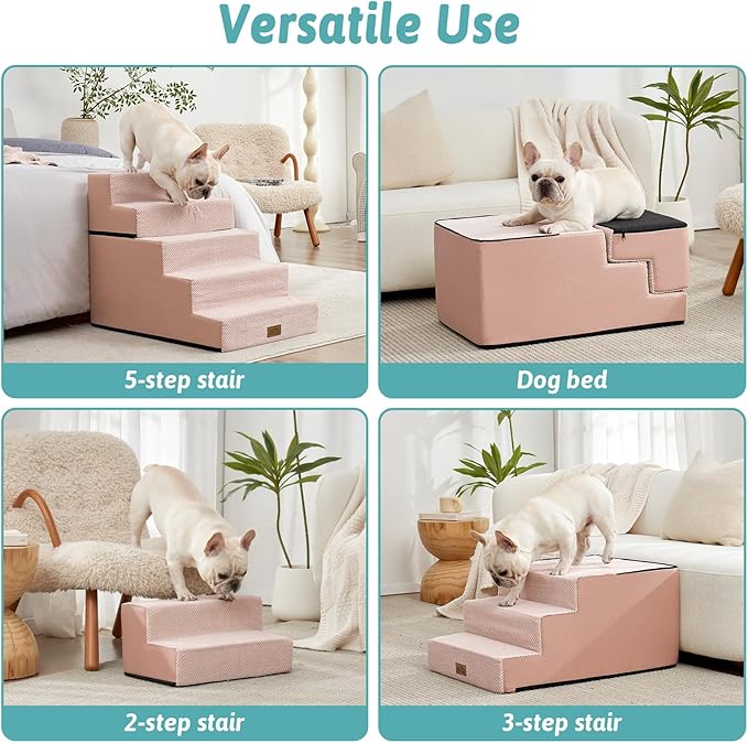 Dog Stairs for Small Dogs, 17.7" Extra Wide Detachable Pet Stairs for Couch and Bed, 23.6" H Non-Slip Dog Steps for Puppies and Old Cats, 17.7x29.5x23.6 inch, Pink
