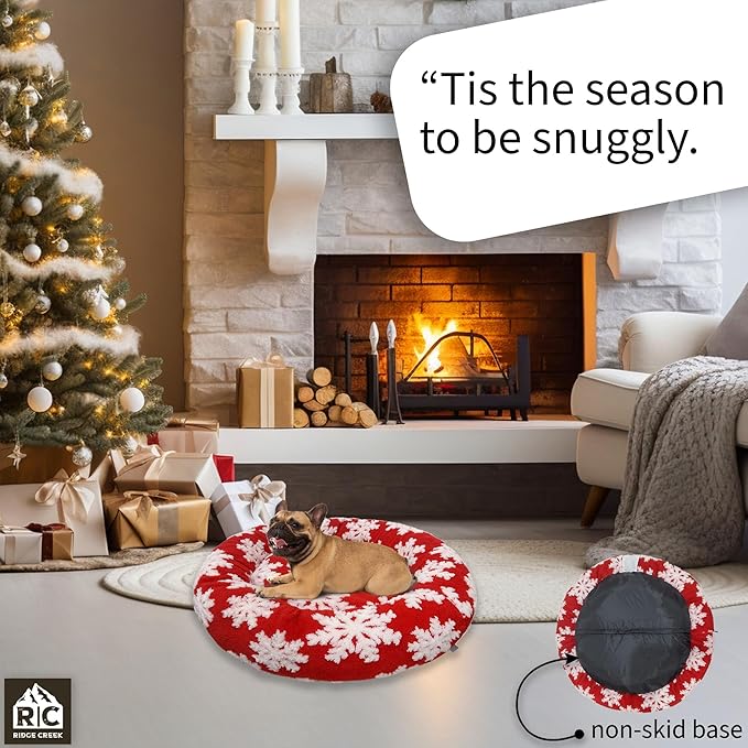 Round Couch Dog Bed for Pets (Snowflake Christmas Edition) Shredded Memory Foam Fill Base with Supportive Rounded Bolsters – Holiday Red/White (30 x 30 inch - Medium)