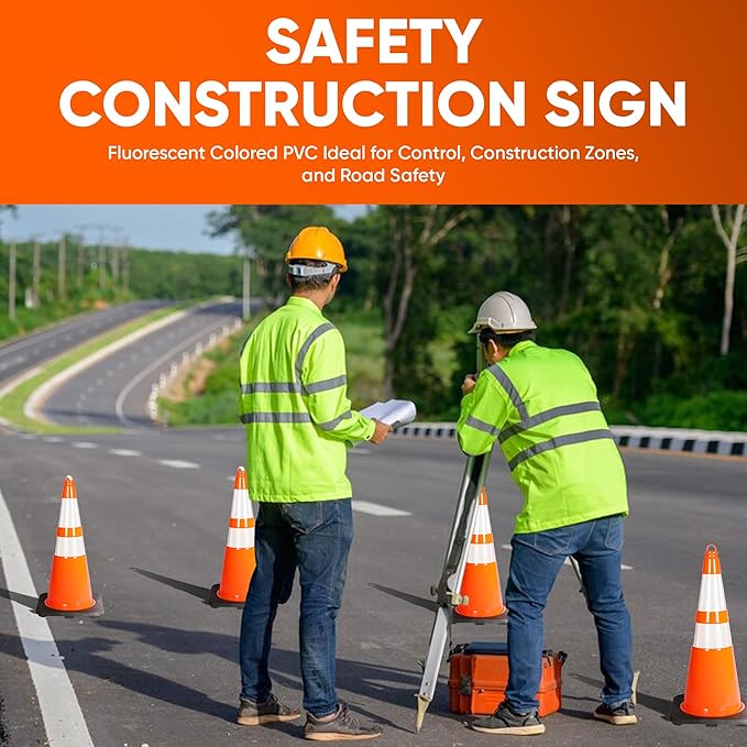 Pyle 28-Inch Safety Traffic Cones, 10-Pack Orange Parking Cones with Reflective Collars, Stackable PVC Construction for Roadwork, Sports Training & Events, Solid High-Density Base for Stability