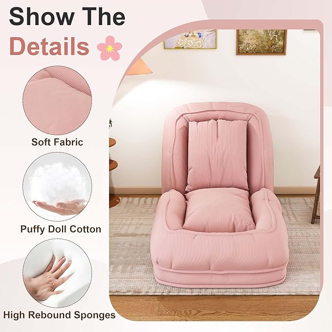 Oversized Human Dog Bed for Adult, Foldable Giant Human Pet Bed with 2 Soft Pillows, Large Sized Dog Sofa with 5 Adjustable Position for Humans, Metal Frame & Corduroy (Pink)