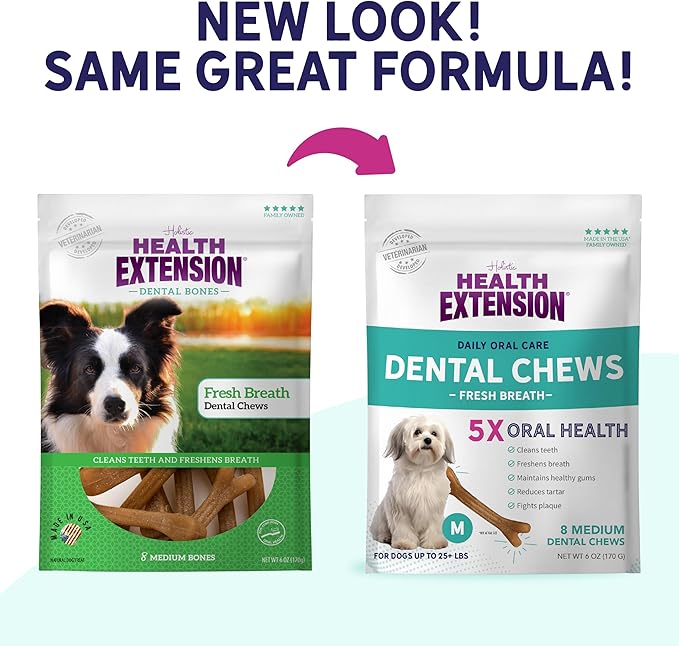 Health Extension Fresh Breath Dental Bones for Dogs, 8 Medium Bones – Supports Dental Health, Freshens Breath, Ideal for Puppy Training (Pack of 1)