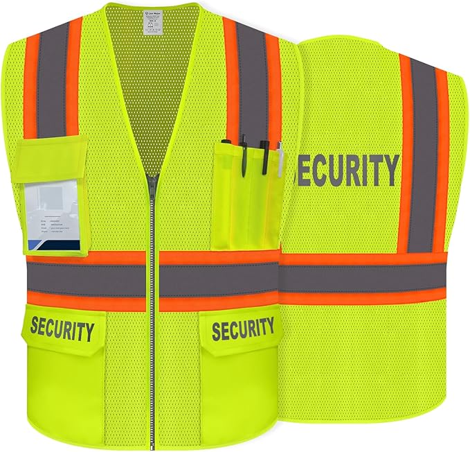 Security Vest for Security Guard, Safety Vest with Pockets, High Visibility Work Vest with Reflective Strips, Mesh Design, ANSI Compliant, Yellow, L