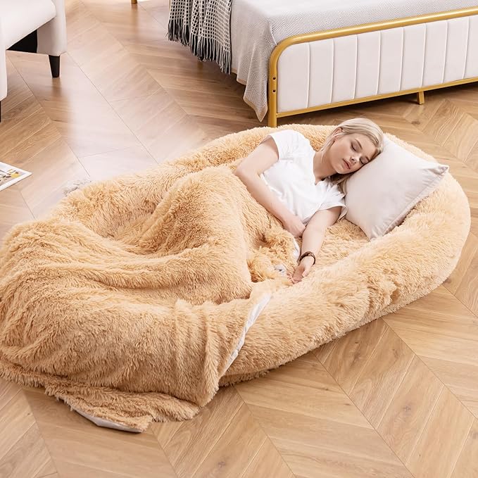 Giantex Human Dog Bed - 71" x 45" Large Human Size Dog Bed for Adult, Orthopedic Egg Crate Foam, Washable Faux Fur Bed Cover, Blanket, Pillow, for Pets and People Doze Off Napping (Brown)