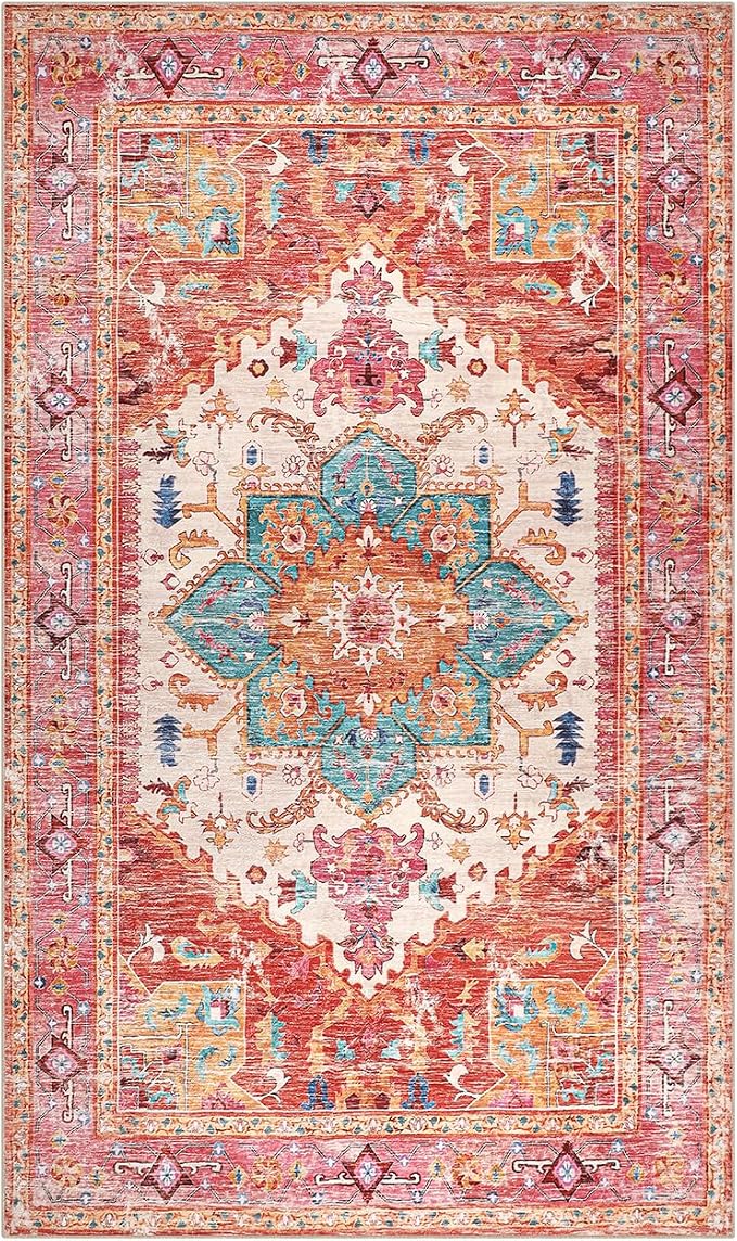Yamaziot Washable Area Rug for Bedroom, 3x5 Non-Slip Boho Vintage Living Room