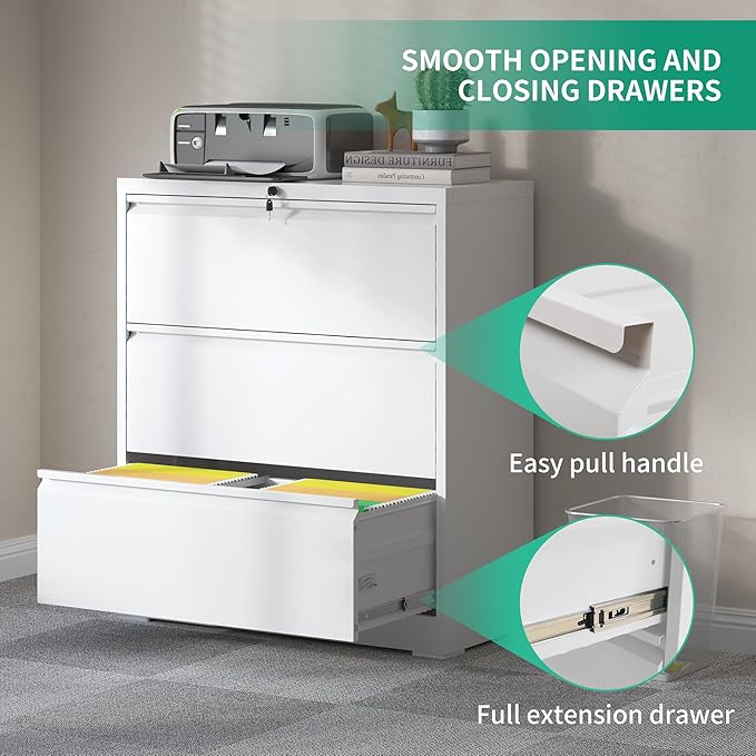 3 Drawer Lateral File Cabinets with Lock,White Metal Lateral Filing Cabinet for Home Office,Wide Steel Storage Cabinet Commercial Drawer Cabinet for Legal/Letter/A4 Size Files