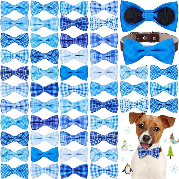 Hillban 50 Pcs Plaid Dog Bow Ties, Dog Collar Bowtie Attachments with Elastic Bands, Blue Check Bowknots for Pets, Grooming Accessories & Photo Props
