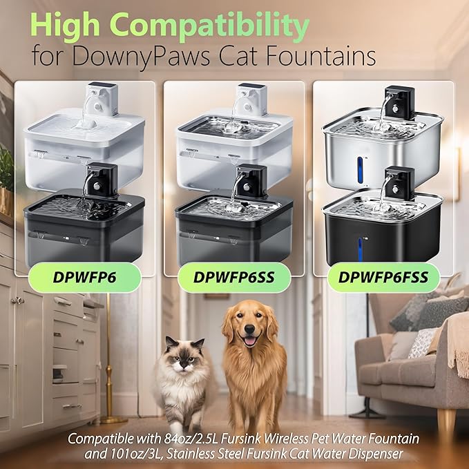 6+6 Packs Cat Water Fountain Filter Replacement Compatible with DownyPaws Cat Fountains, Fits Fursink 84oz/2.5L & 101oz/3L Pet Water Fountain with Pre-Filter Sponges