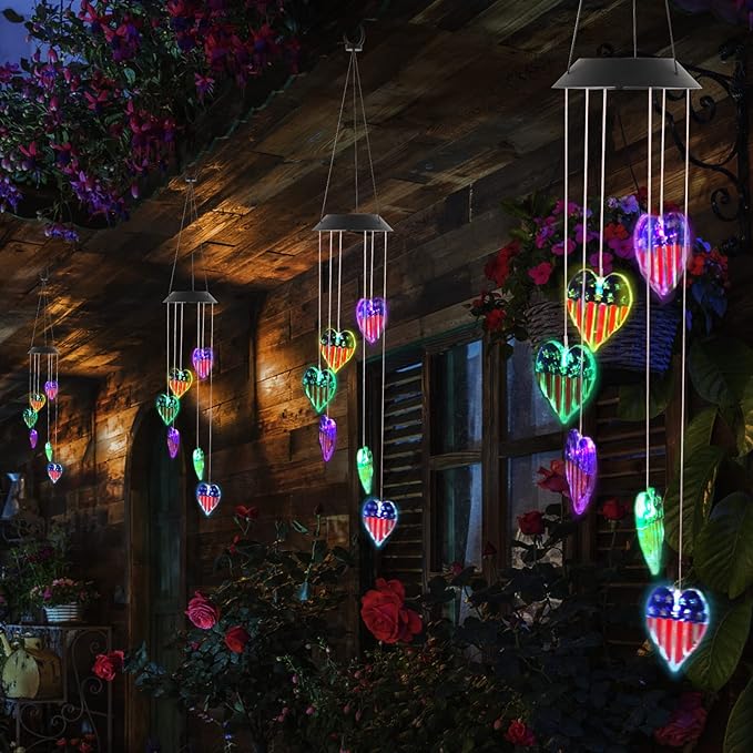 American Flag Solar Wind Chimes, Heart-Shaped Love Patriotic Wind Chime Color Changing Solar Lights for Garden Patio Home Decor
